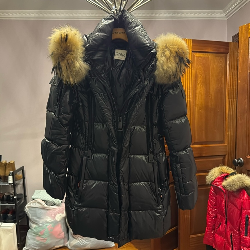 Black leather belted Sam Coat